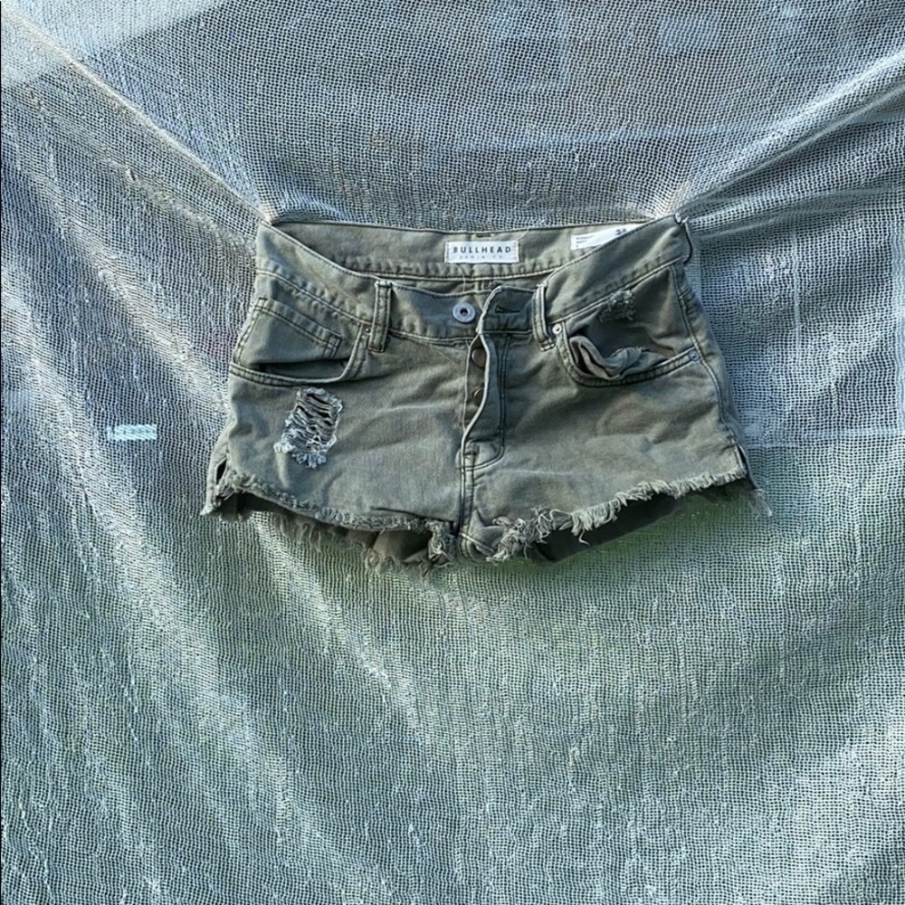 Army Green Denim Shorts with Rips